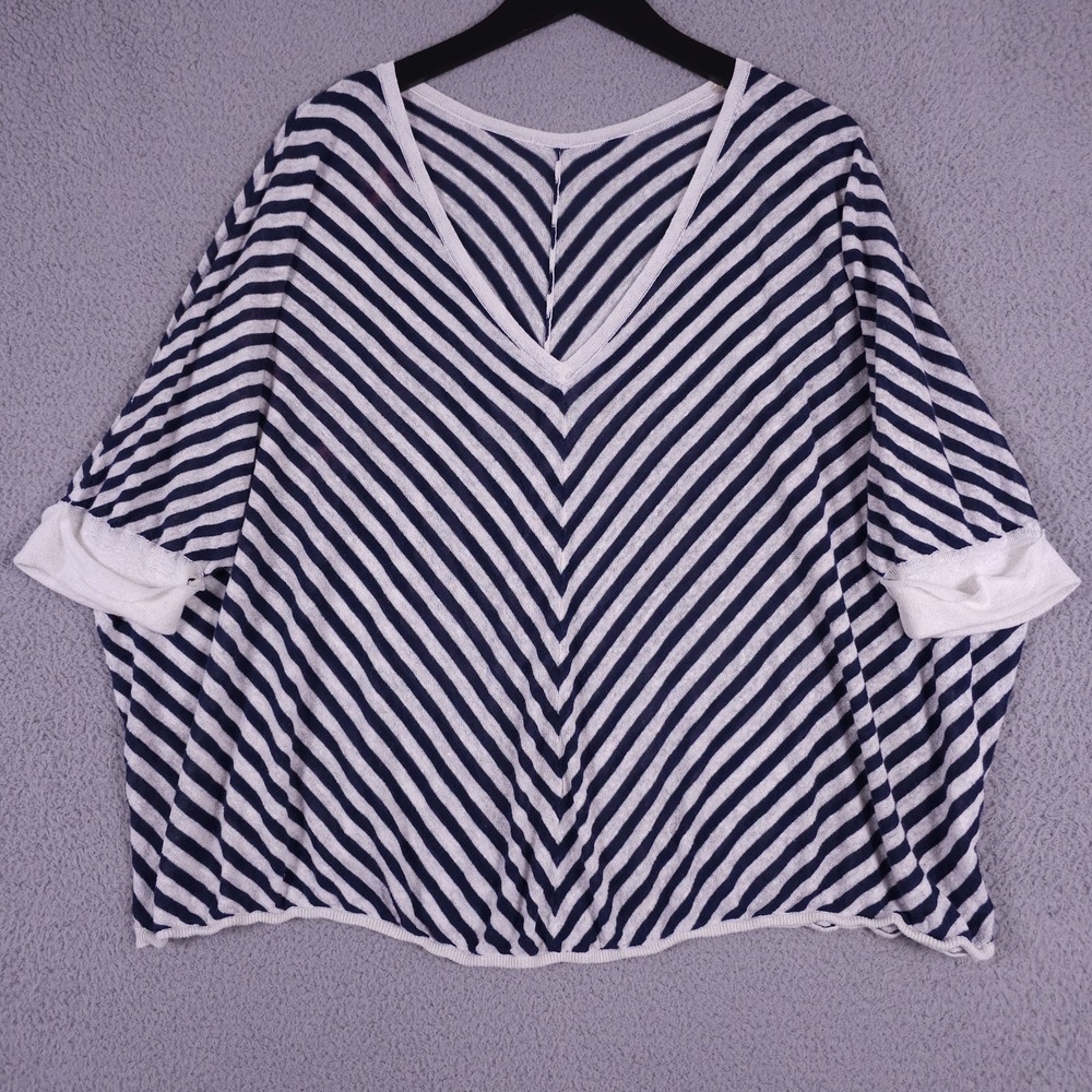 Chicos Shirt Womens 2 US L Blue White Slubby Striped Mary Linen Ramie Pullover